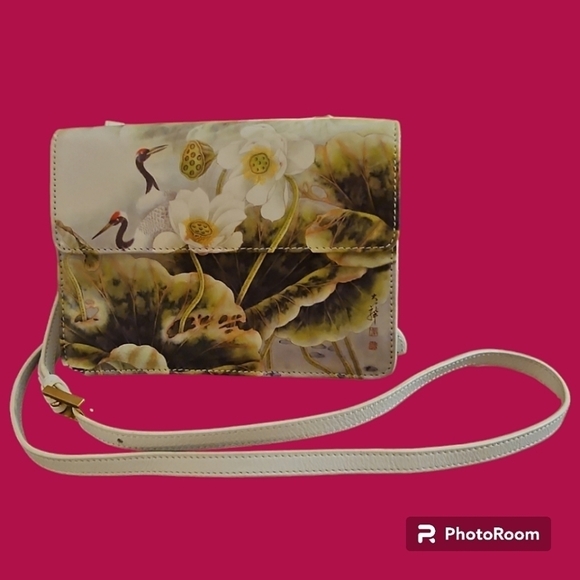 ICON Los Angeles Asian Floral Tropical Crane Crossbody Leather Wallet Bag - Picture 1 of 12